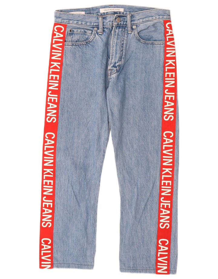 CALVIN KLEIN grafiske lige jeans til kvinder W29 L25 blå farveblok bomuld