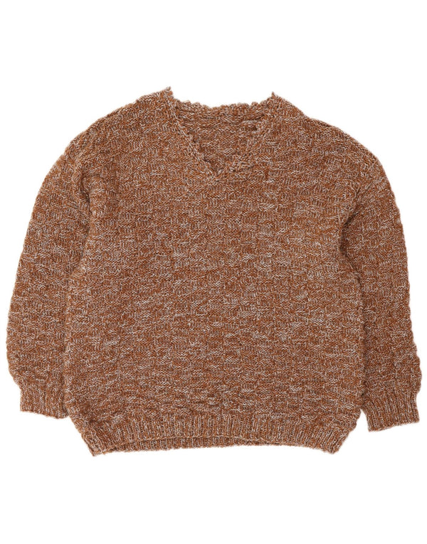 VINTAGE Dame V-hals sweater UK 16 Stor Brun Flecked