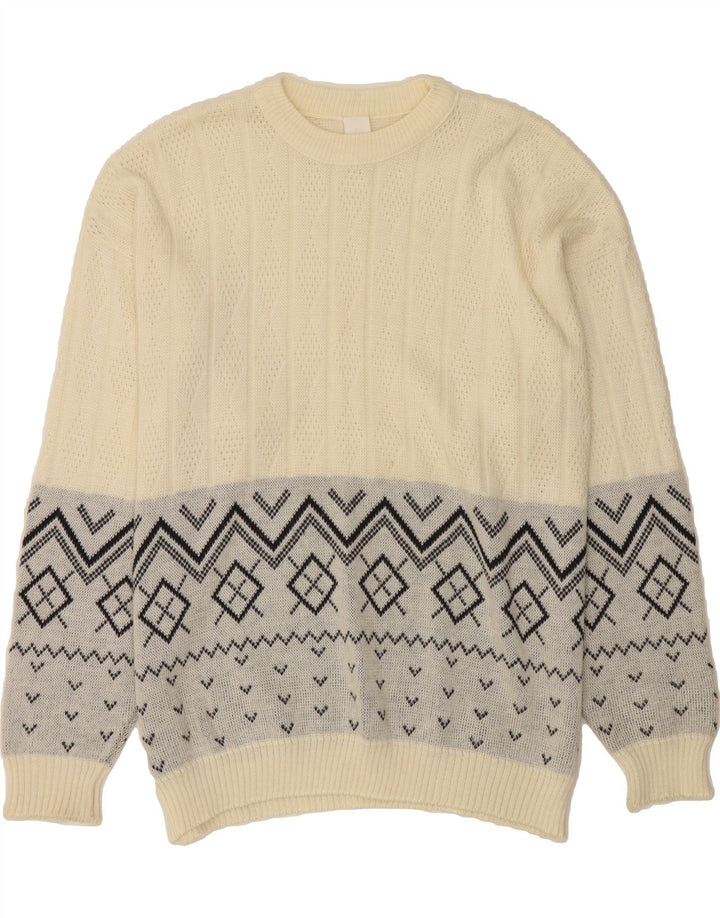 VINTAGE Mens Crew Neck Jumper Sweater Large Off White Fair Isle Wool Vintage Vintage and Second-Hand Vintage from Messina Hembry 