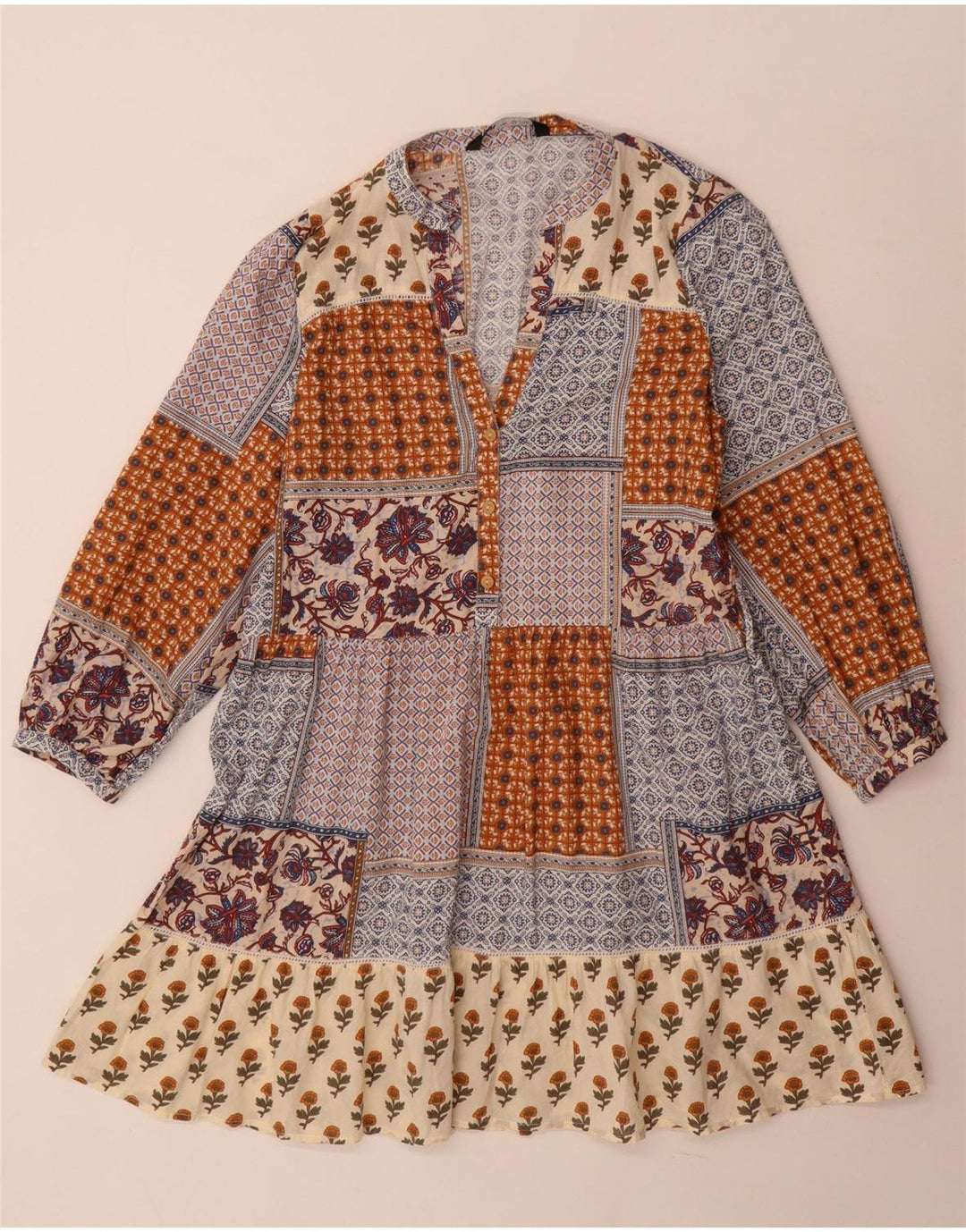 Zara Dame Langærmet Tiered Dress UK 10 Small Multicolor Patchwork