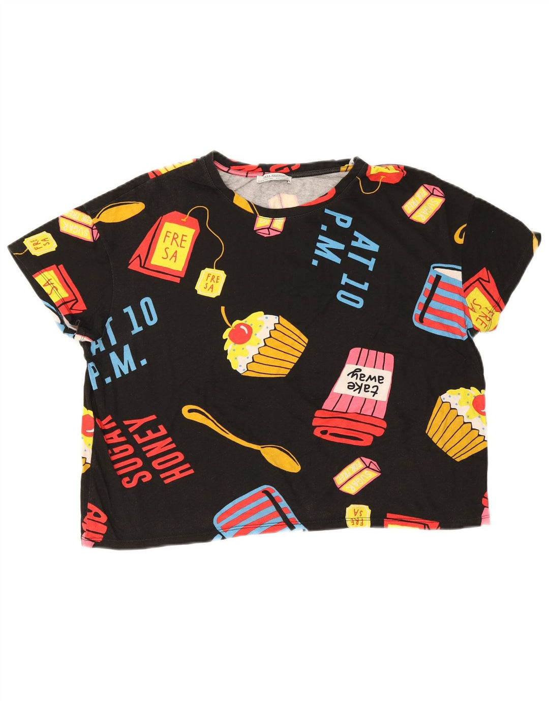 Zara Womens Crop Oversized grafisk T-shirt top UK 14 Medium Black
