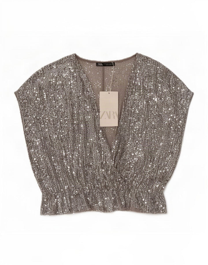 Zara Dame Bluse Top UK 12 Medium Sølv Polyester
