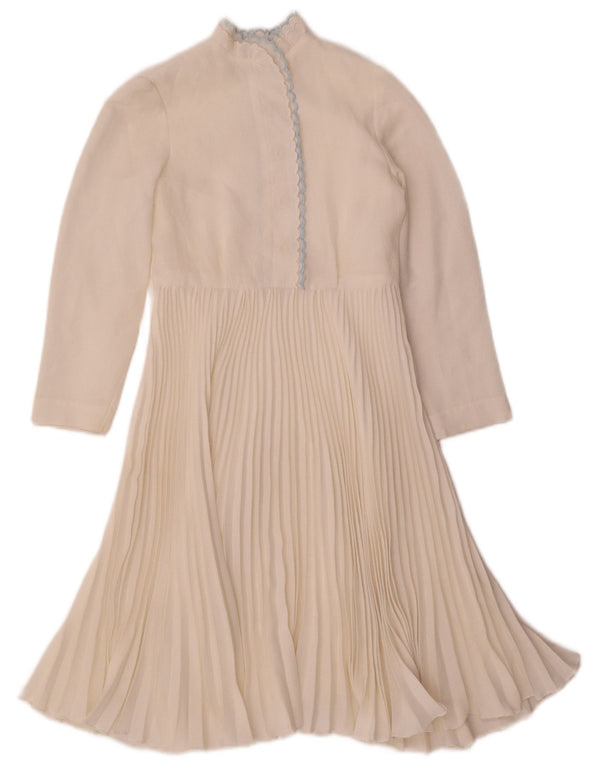 Vintage dame 3/4-ærmet A-line kjole UK 4 XS beige ternet polyester