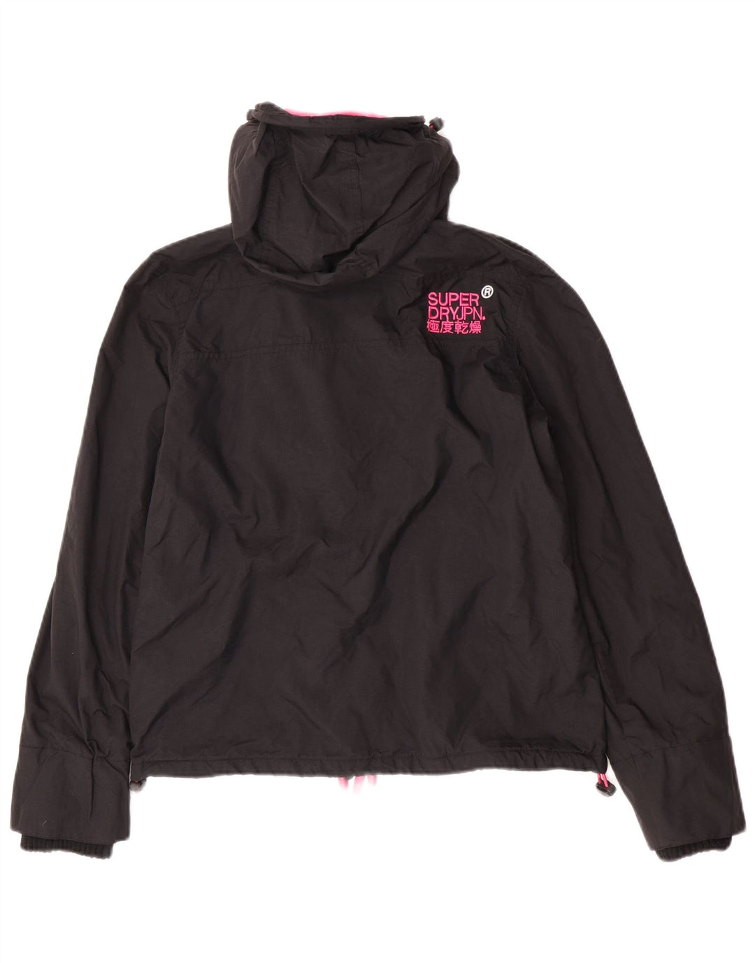 Superdry vindjakkejakke med hætte til kvinder UK 16 Stor sort nylon