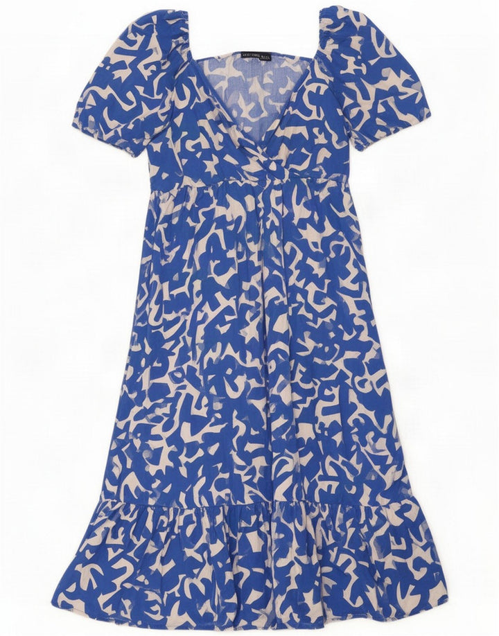 Zara Kvinder abstrakt mønster Flæser Tiered Dress UK 14 Large Blue