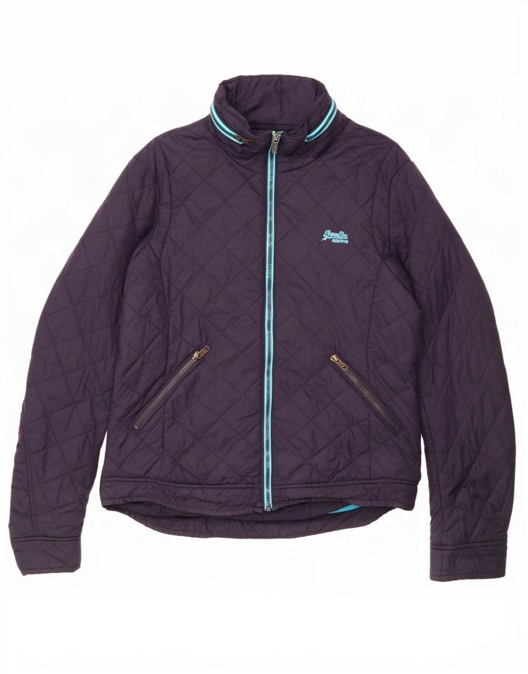 Superdry Quiltet jakke med hætte til kvinder UK 16 Stor marineblå nylon