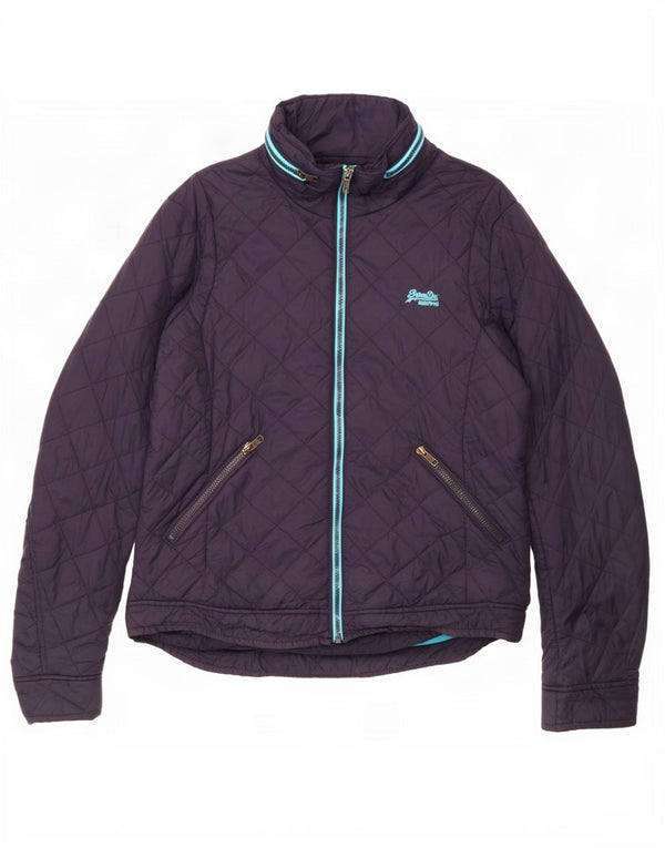 Superdry Quiltet jakke med hætte til kvinder UK 16 Stor marineblå nylon