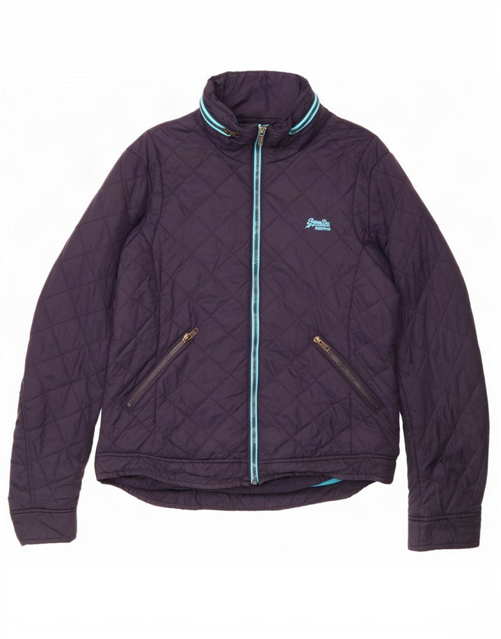 Superdry Quiltet jakke med hætte til kvinder UK 16 Stor marineblå nylon