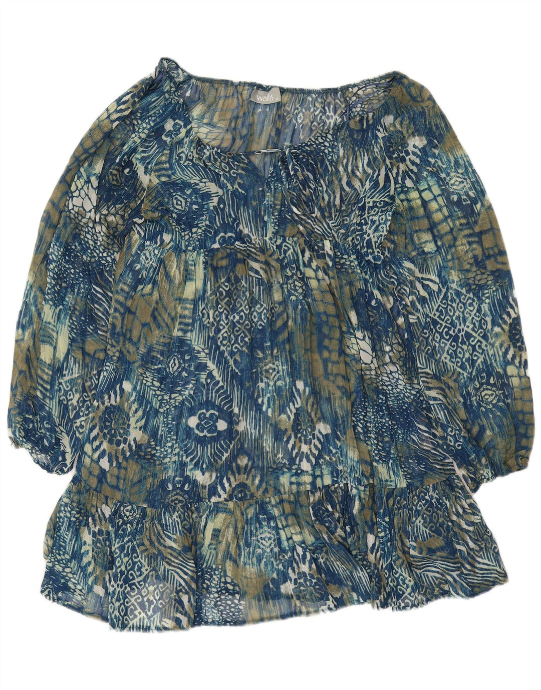 Wallis Dame Langærmet Tiered Kjole UK 12 Medium Blue Paisley Polyester