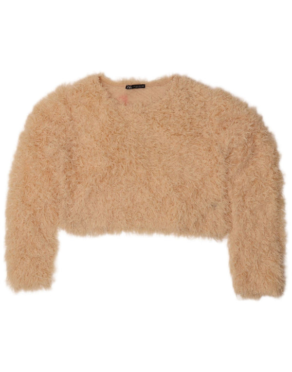 Zara Womens Crop Crew Neck Jumper Sweater UK 16 Large Yellow Polyester