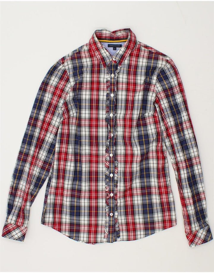 TOMMY HILFIGER Womens Ruffle Front Shirt US 6 Medium Navy Blue Check Vintage Tommy Hilfiger and Second-Hand Tommy Hilfiger from Messina Hembry 