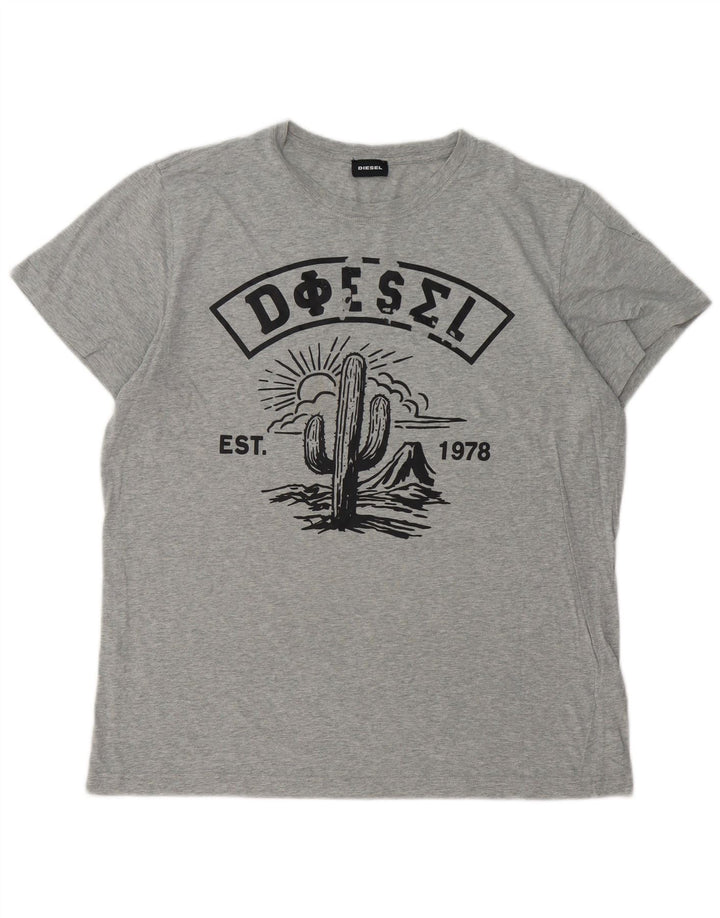 DIESEL Herre Grafisk T-Shirt Top XL Grå Bomuld