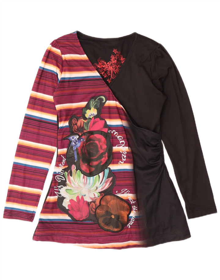 DESIGUAL Womens Graphic Top Long Sleeve UK 12 Medium Multicoloured Floral