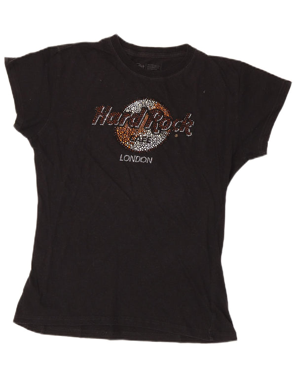 Hard Rock Cafe Dame London Grafisk T-Shirt Top UK 12 Medium Sort Bomuld