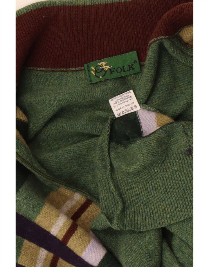 Folk Herre Cardigan Sweater Stor Grøn Geometrisk Merinould