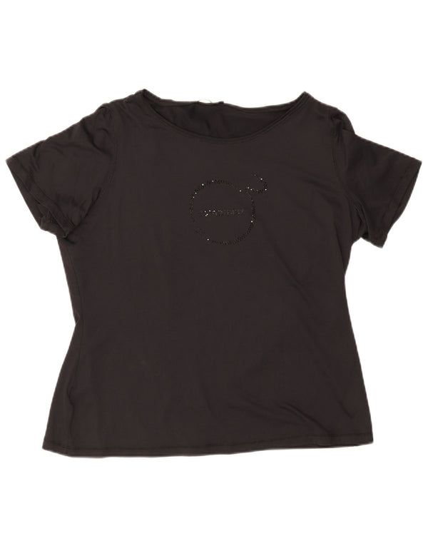 ELENA MIRO Dame Slim Fit Grafisk T-Shirt Top UK 12 Medium Sort