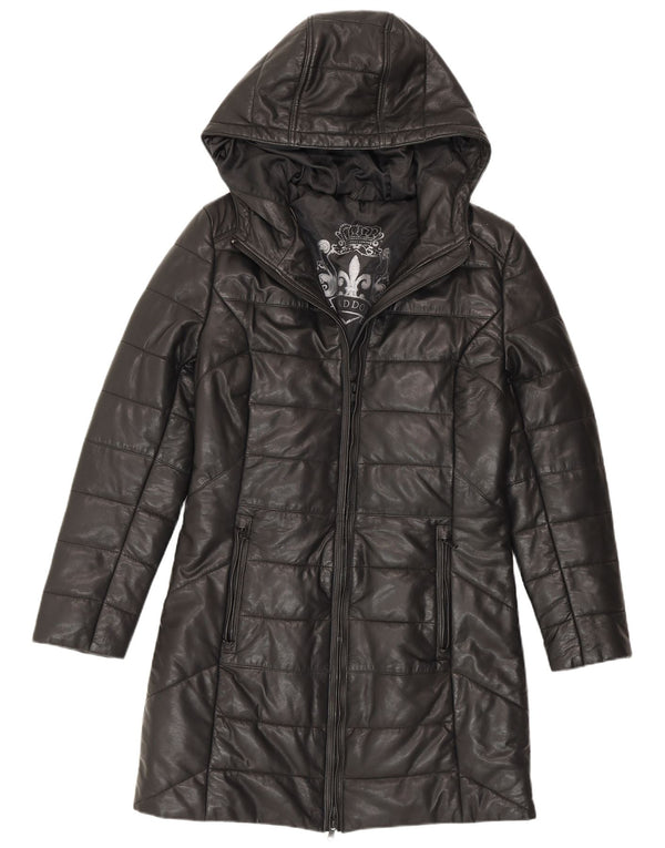 Maddox Dame Hætte Læder Polstret Frakke UK 12 Medium Sort Læder