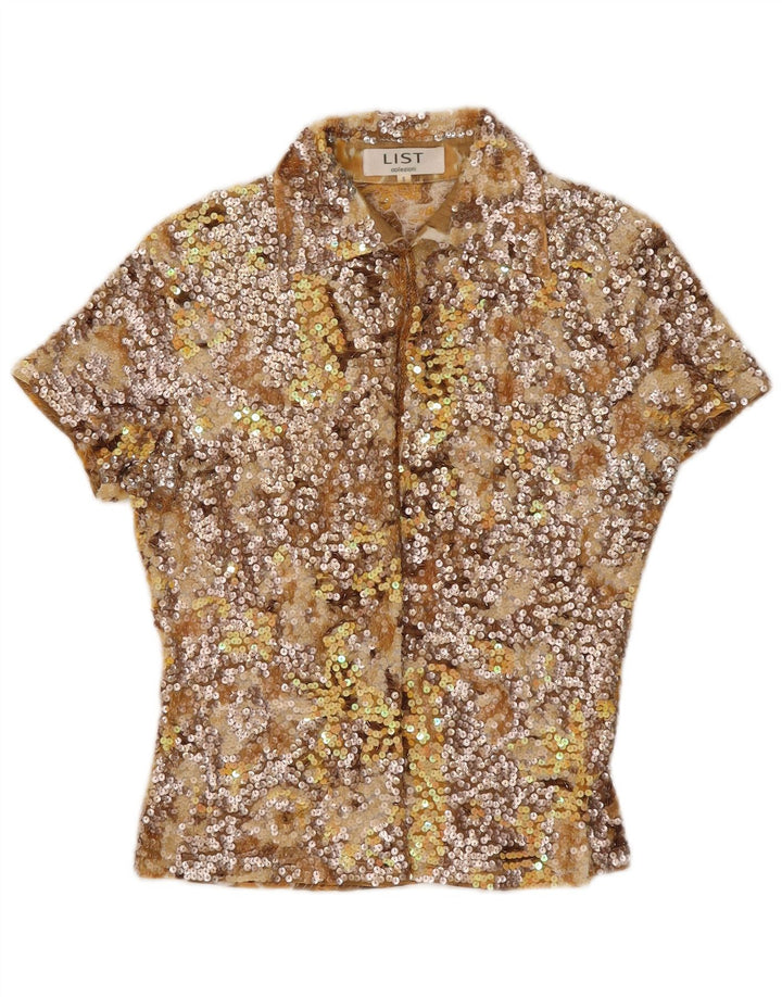 Vintage kvinders pailletter kortærmet skjortebluse US 2 XS Khaki Polyamid