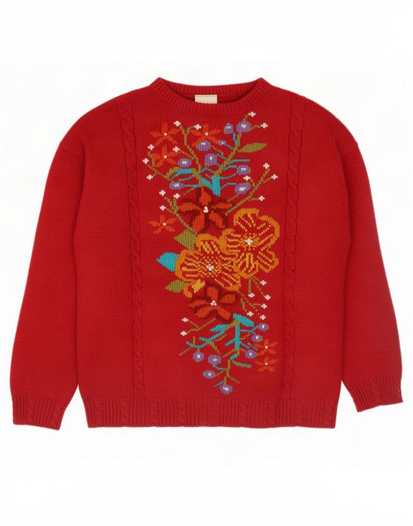 George Dame Jumper Sweater UK 12/14 Medium Rød Blomster Akryl