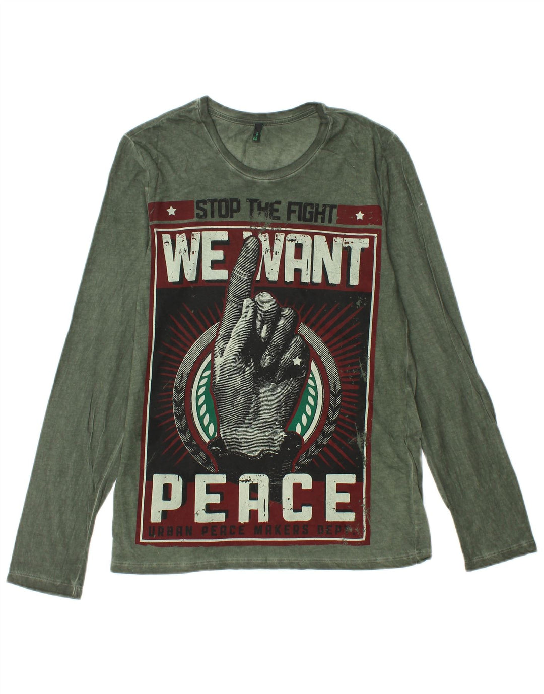 BENETTON Herre grafisk top Langærmet lille grøn bomuld