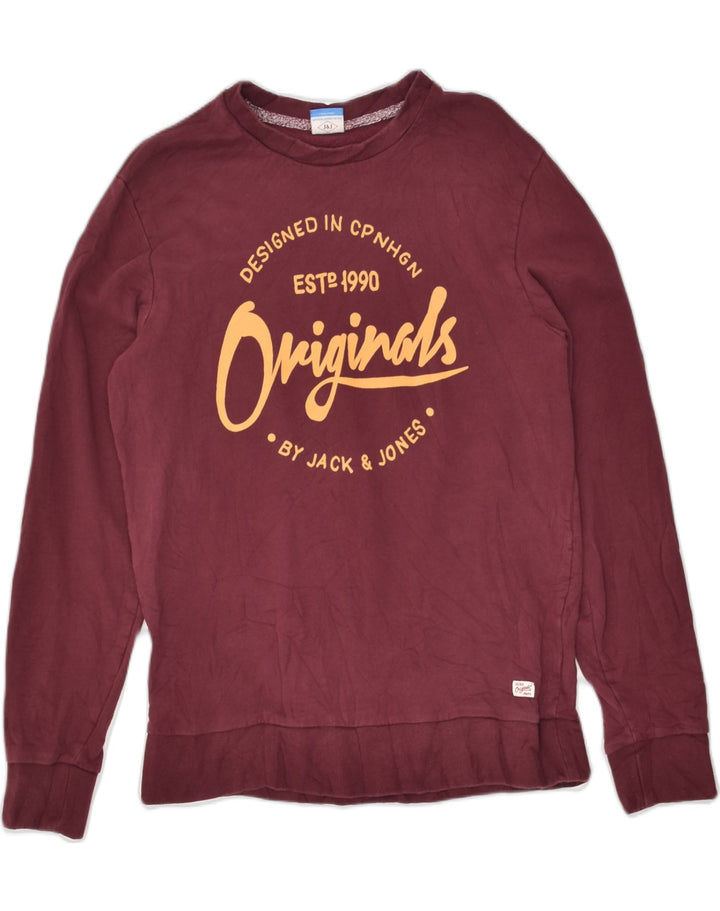 JACK & JONES Mens Graphic Sweatshirt Jumper Medium Maroon Cotton | Vintage Jack & Jones | Thrift | Second-Hand Jack & Jones | Used Clothing | Messina Hembry 