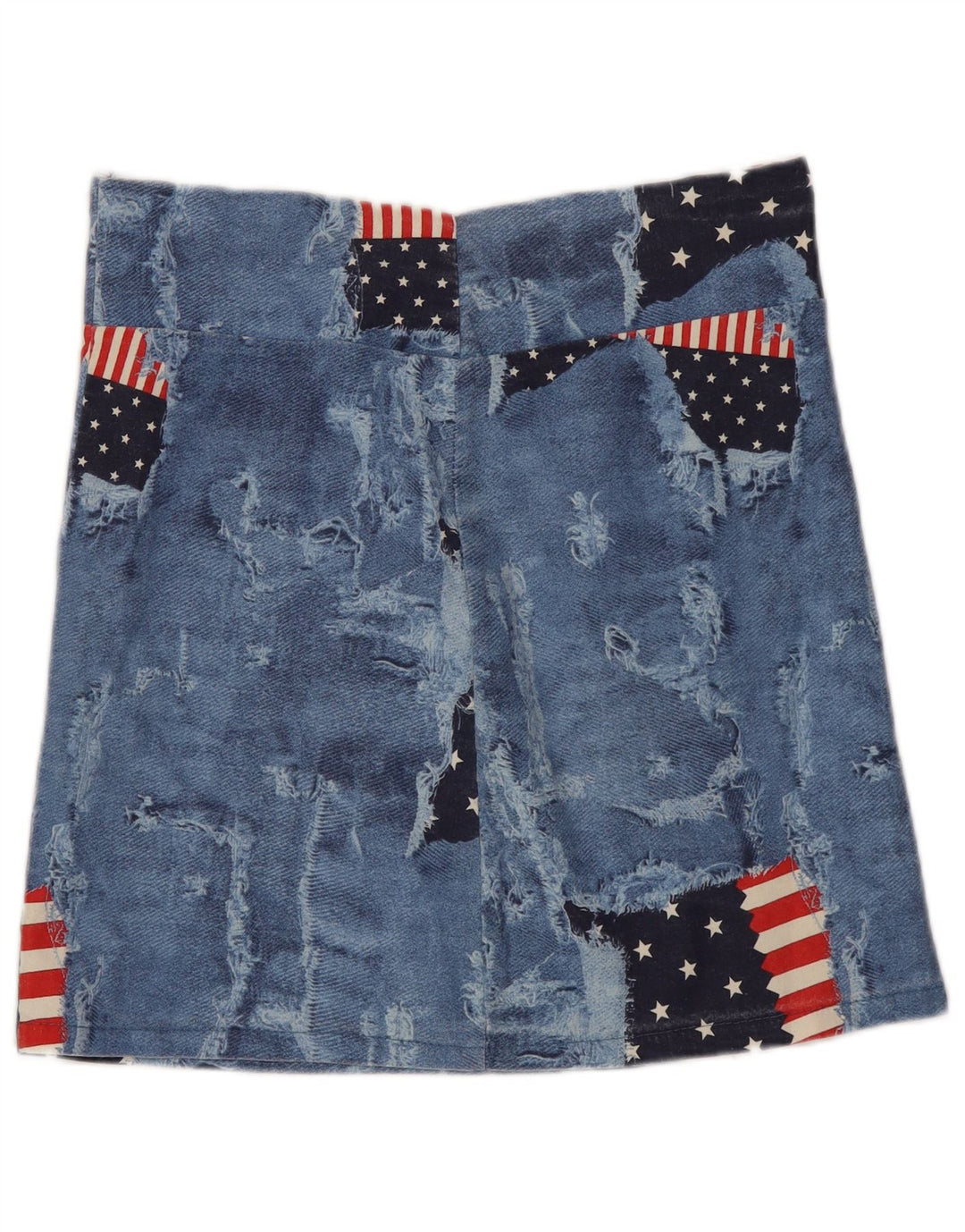 Vintage Kvinders Distressed Mini Nederdel Medium W28 Blå Patchwork Bomuld USA