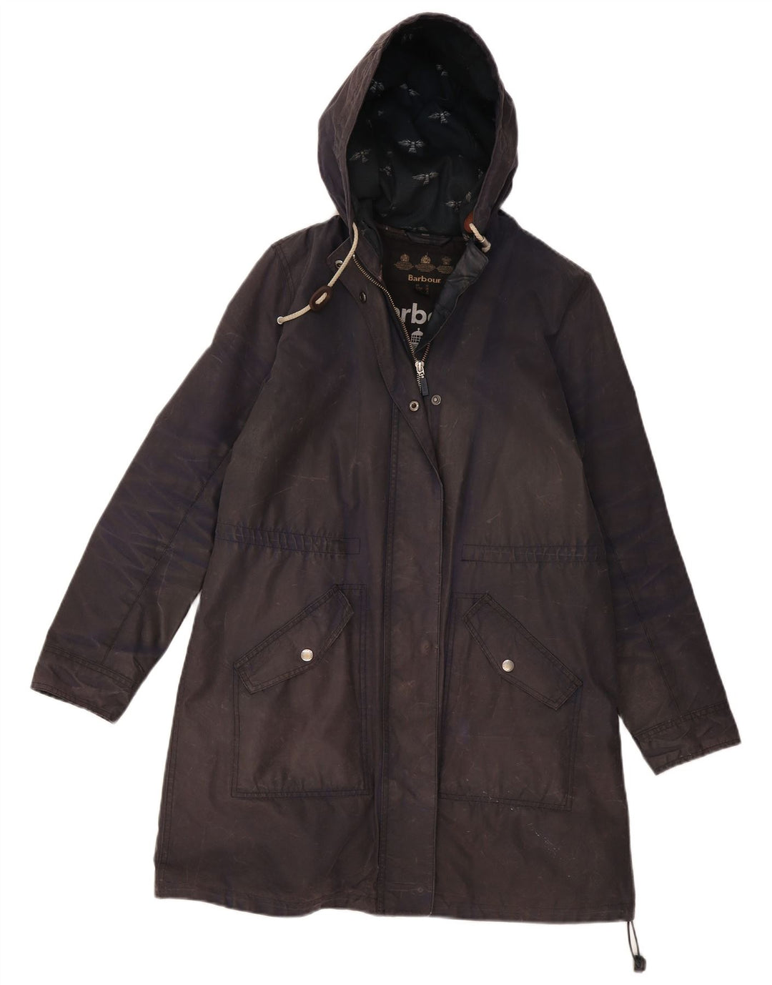 Barbour Dame Hætte Vokset Parkajakke UK 12 Medium Navy Blue