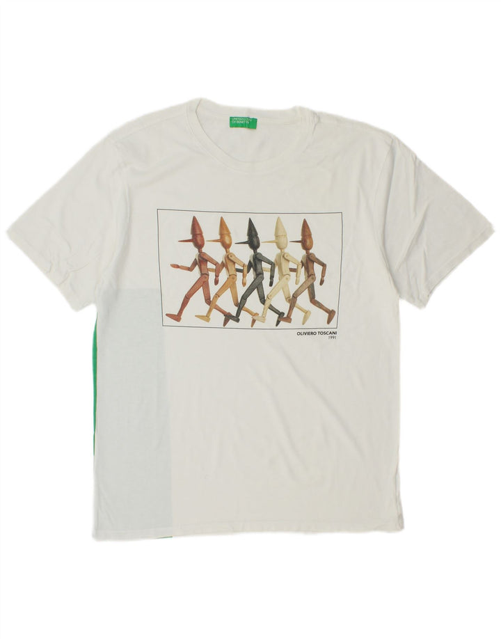BENETTON Herre grafisk T-shirt Top Medium White Colourblock Bomuld