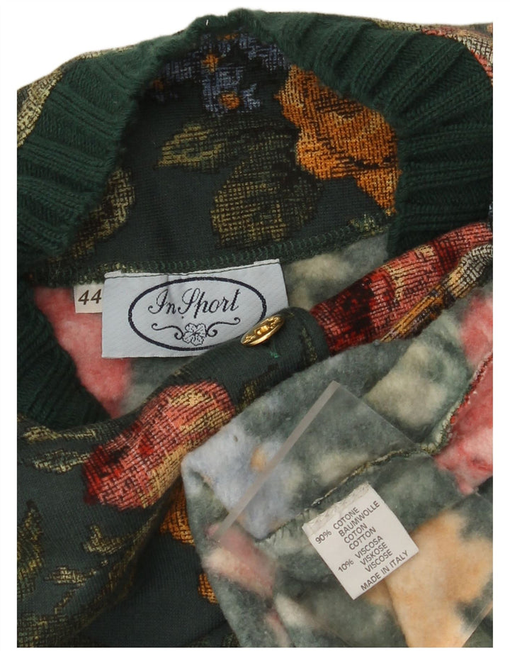 VINTAGE Womens Button Neck Jumper Sweater IT 44 Medium Green Floral Cotton