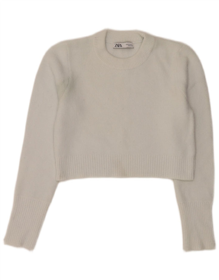Zara Womens Crop Crew Neck Jumper Sweater UK 12 Medium White Nylon