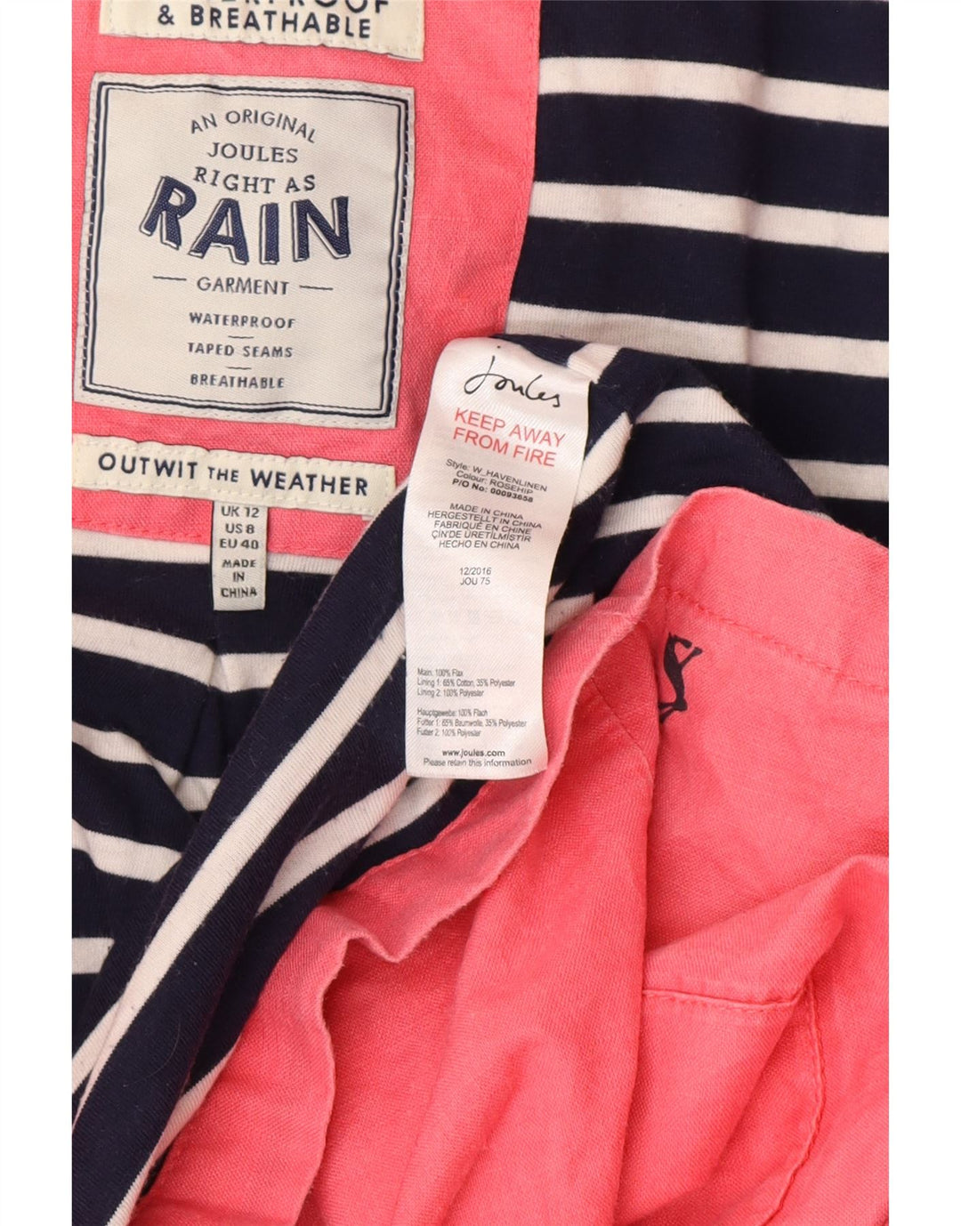 JOULES Dame Regnfrakke med hætte UK 12 Medium Pink Linen