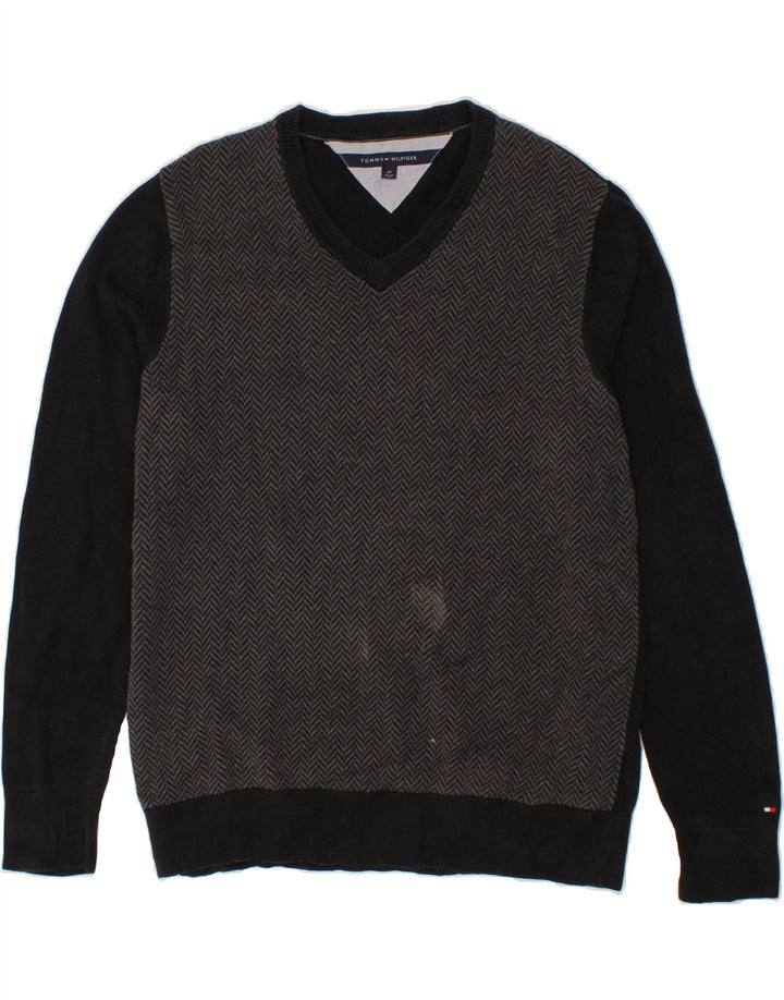 TOMMY HILFIGER Mens V-Neck Jumper Sweater Large Grey Herringbone Cotton Vintage Tommy Hilfiger and Second-Hand Tommy Hilfiger from Messina Hembry 