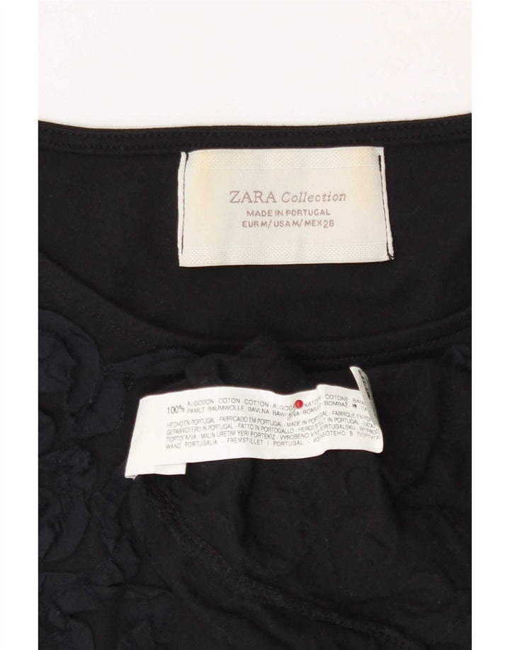 Zara kvinders abstrakt mønster T-shirt top UK 12 medium sort bomuld