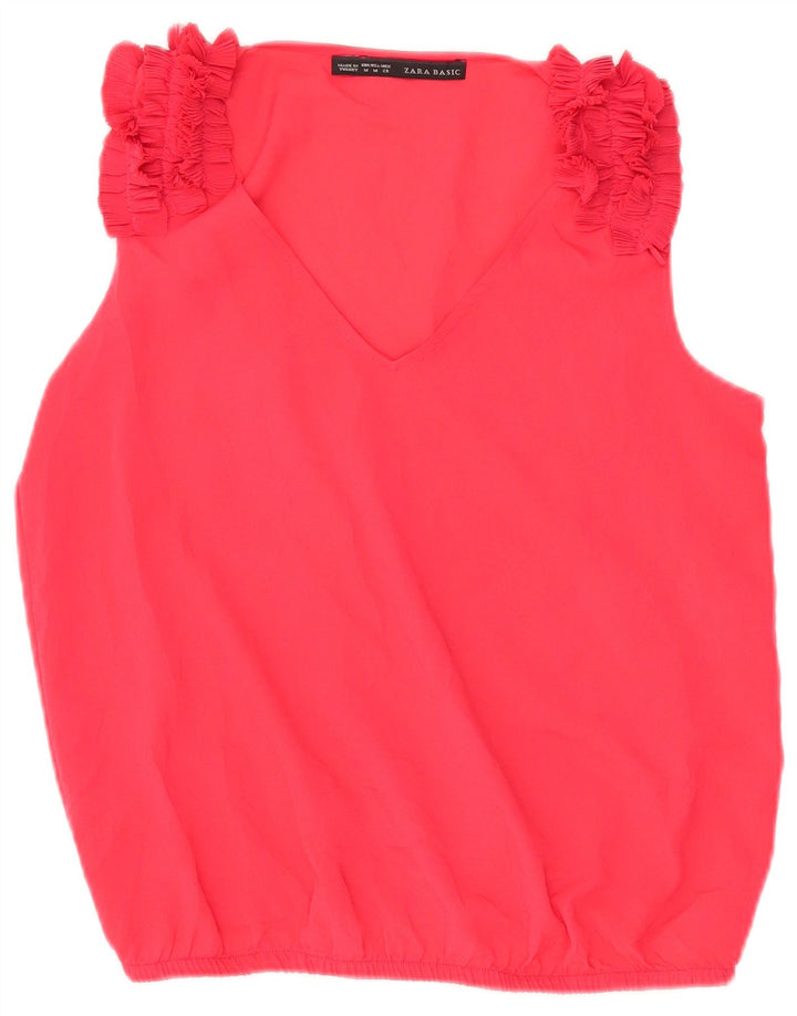 Zara Womens Flæse foran ærmeløs bluse Top UK 14 Medium Rød