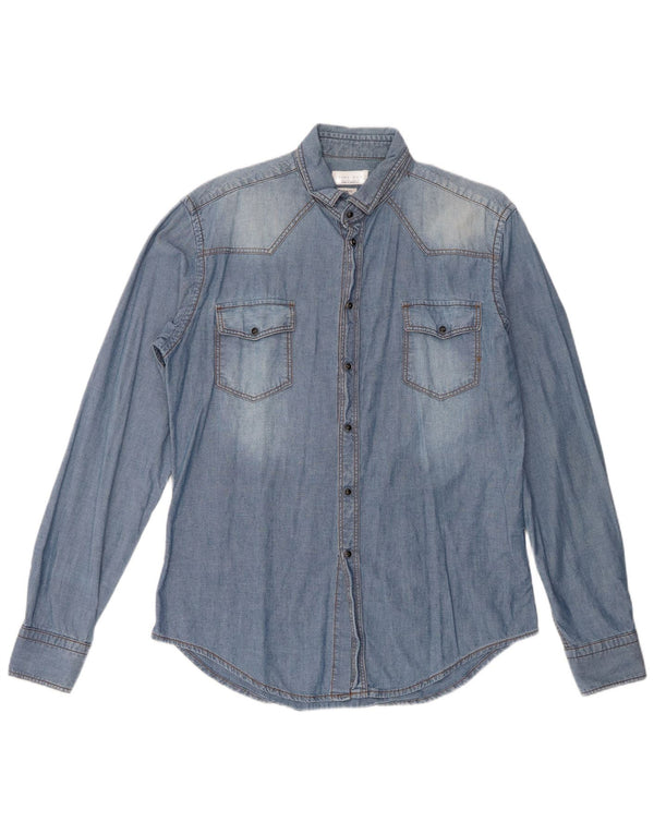 Zara Herre Slim Fit Denim Skjorte Stor Blå Bomuld