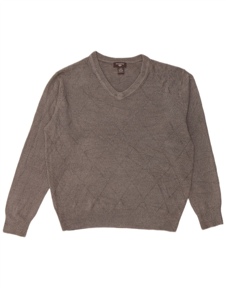 DOCKERS Mens V-Neck Jumper Sweater Large Grey Acrylic