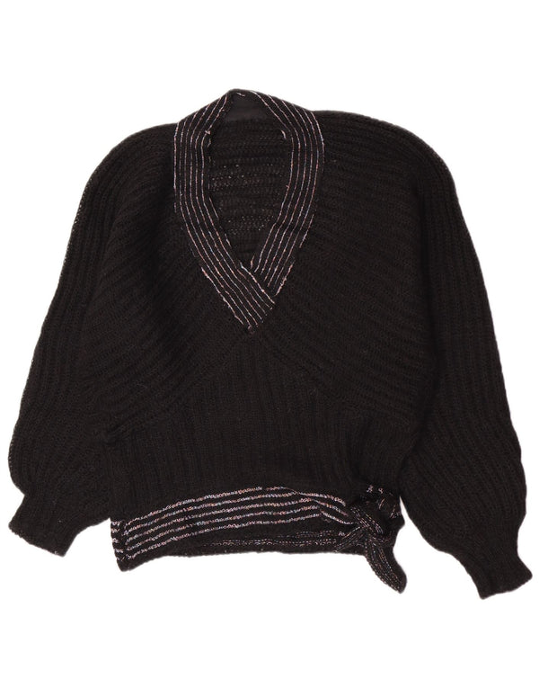 Vintage Dame V-hals sweater UK 14 Medium Sort Stribet Retro