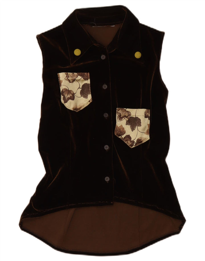 VINTAGE kvinders velour ærmeløs skjortebluse UK 12 Medium Brown Floral