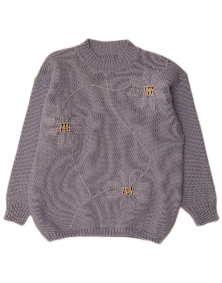 Vintage Dame Turtle Neck Jumper Sweater UK 14 Medium Blue Floral Wool