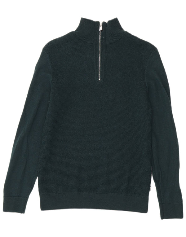 Hugo Boss Dame Zip Neck Jumper Sweater UK 12 Medium Green Virgin Wool