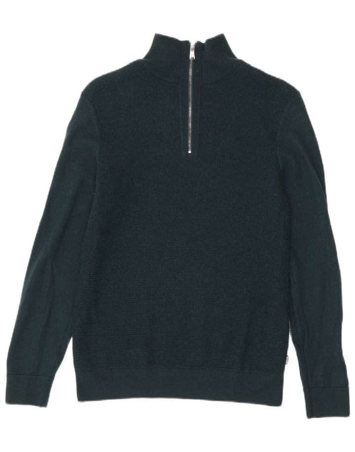 Hugo Boss Dame Zip Neck Jumper Sweater UK 12 Medium Green Virgin Wool