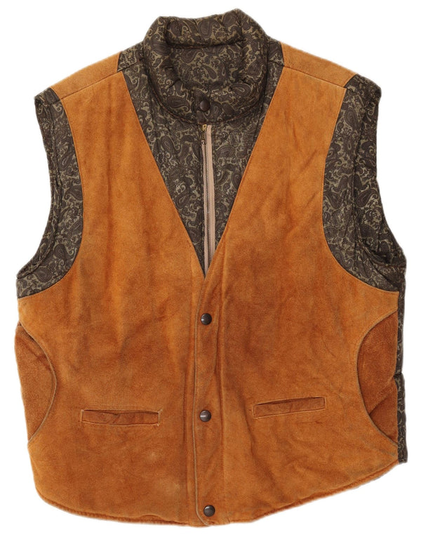 VINTAGE Mens Suede Padded Gilet IT 54 2XL Brown Paisley Leather