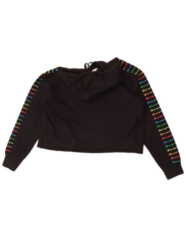 Champion Womens Crop Graphic Hoodie Jumper UK 10 Small Black Bomuld