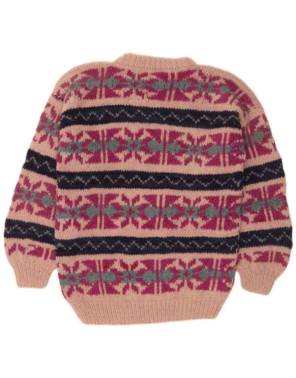 Vintage dame sweater med rund hals, UK 16 Large Pink Fair Isle Wool