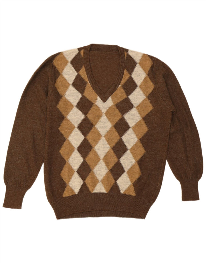 Vintage herre V-hals sweater stor brun Argyle/diamant