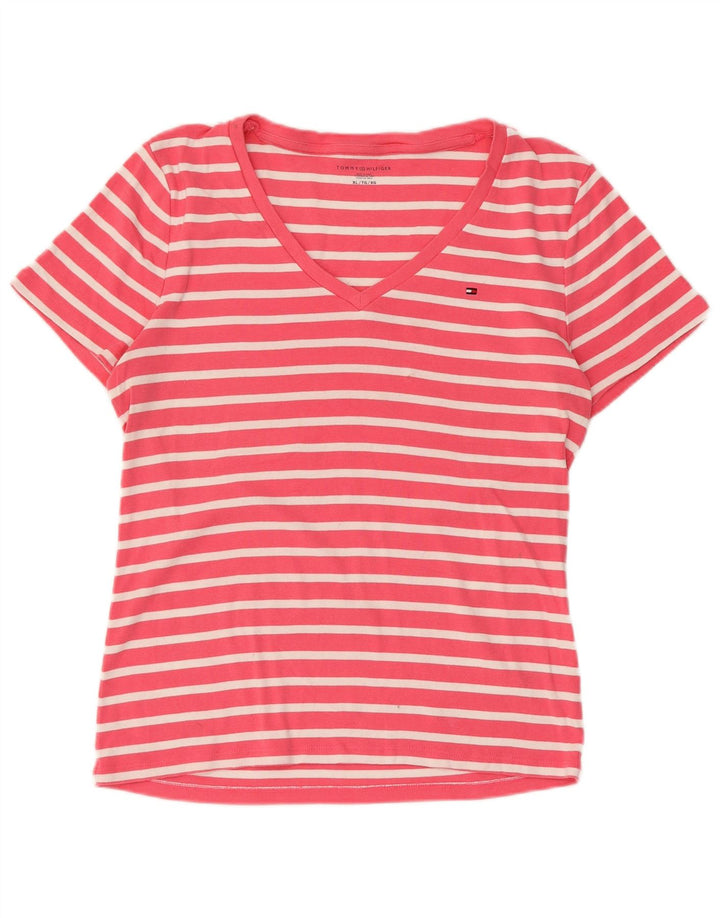 TOMMY HILFIGER T-shirt top til kvinder UK 18 XL Pink Stribet bomuld
