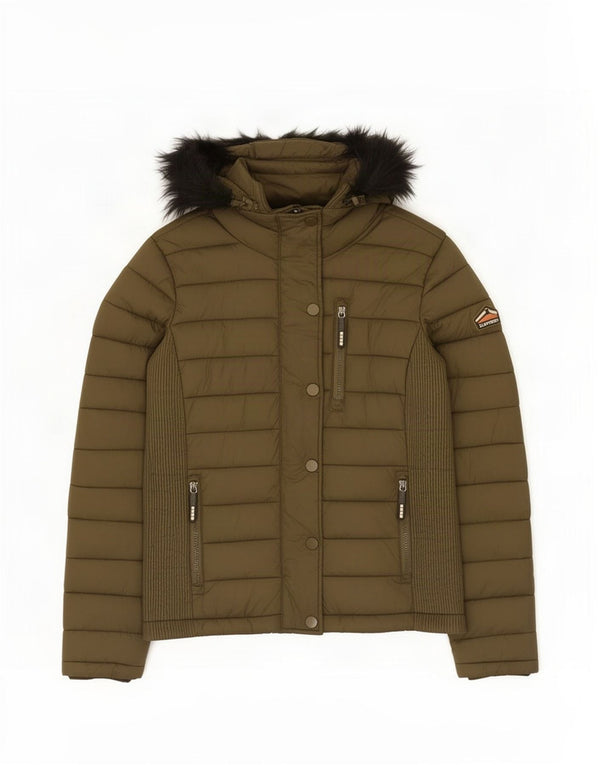 Superdry Womens Hooded Padded Jacket UK 14 Medium Khaki Nylon