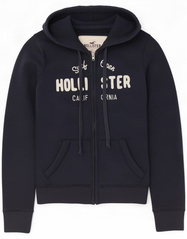 Hollister Womens Graphic Zip Hoodie Sweater UK 10 Small Navy Blue Cotton