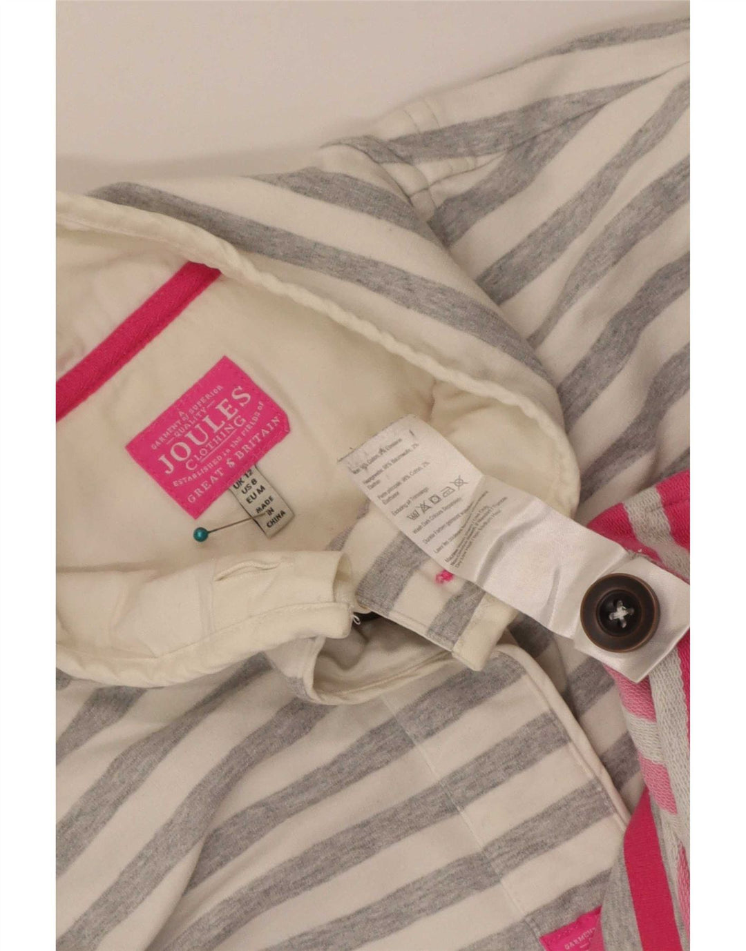 Joules Dame Button Neck Sweatshirt Jumper UK 12 Medium Grå Stribet