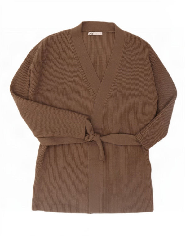 Zara Womens Longline Cardigan Sweater UK 16 Large Brown Acryl